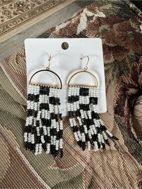 Gold Half-Hoop Black & White Beaded Fringe Earrings